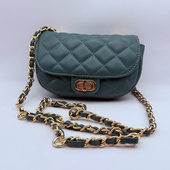 The Drop Handbags - The‎ Drop Quilted Crossbody Bag Dark Teal Gold Chain Turn Lock Flap Purse